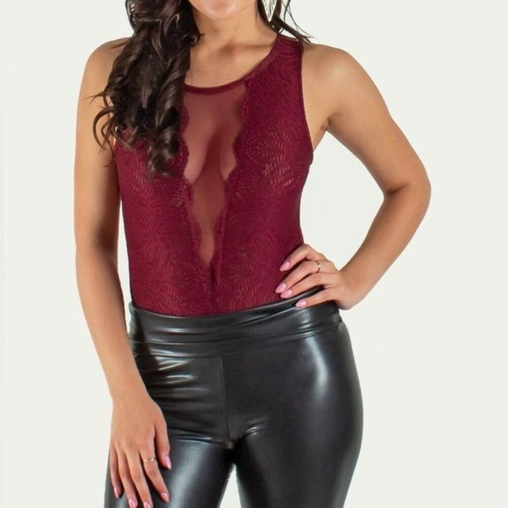 Ambiance Women's Lace Sheer Mesh Body Suit Burgundy Red Size Medium